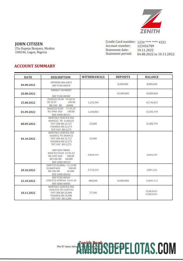 Nigeria Zenith extrato bancário amostra
